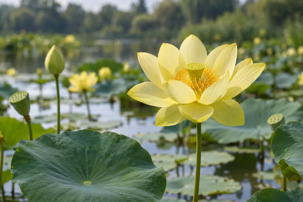 Fleur de lotus jaune ouverte au-dessus d’un étang calme