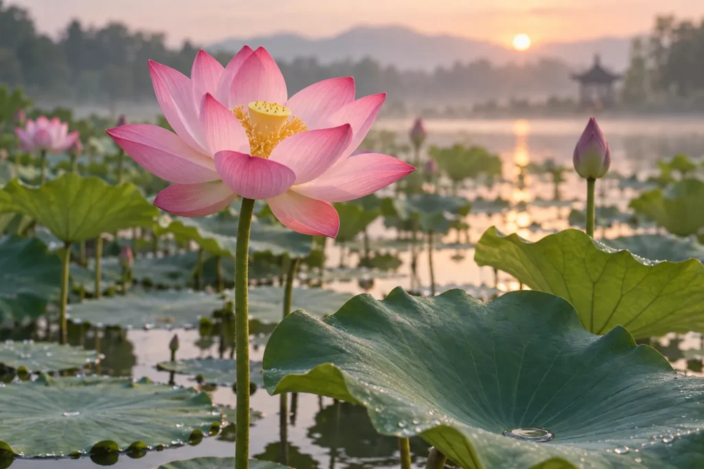 Fleur de lotus rose s’élevant au-dessus d’un étang calme parmi de larges feuilles rondes