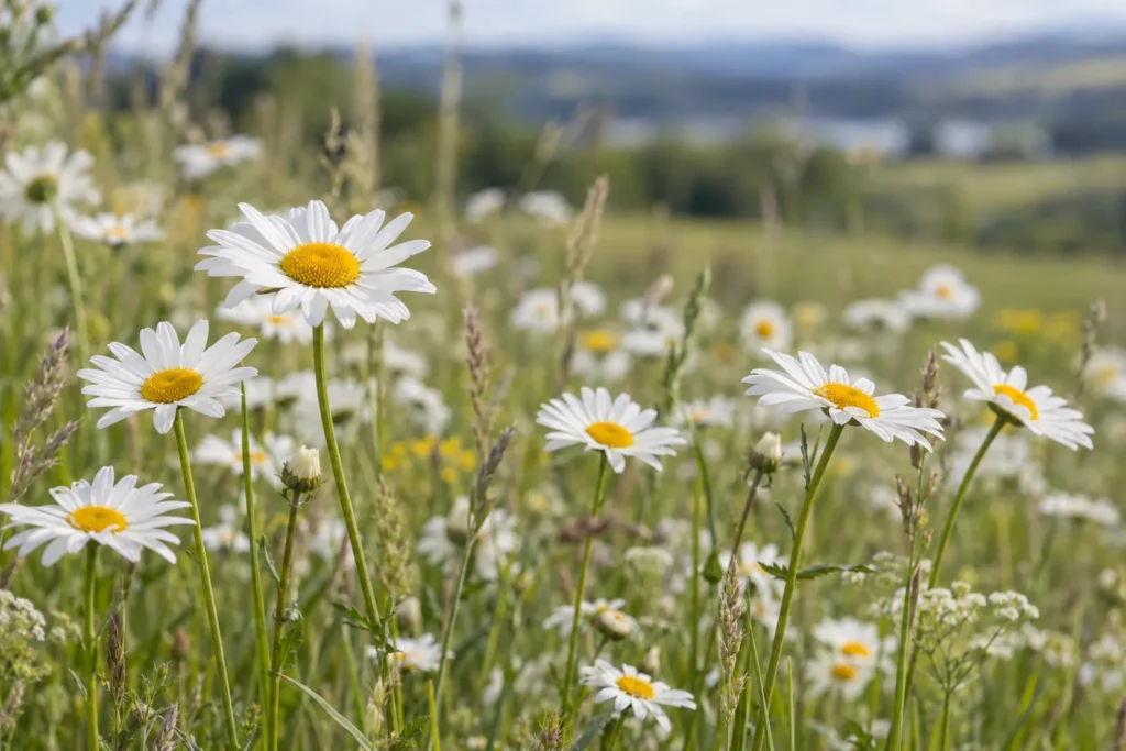 Prairie de marguerites blanches au cœur jaune au printemps