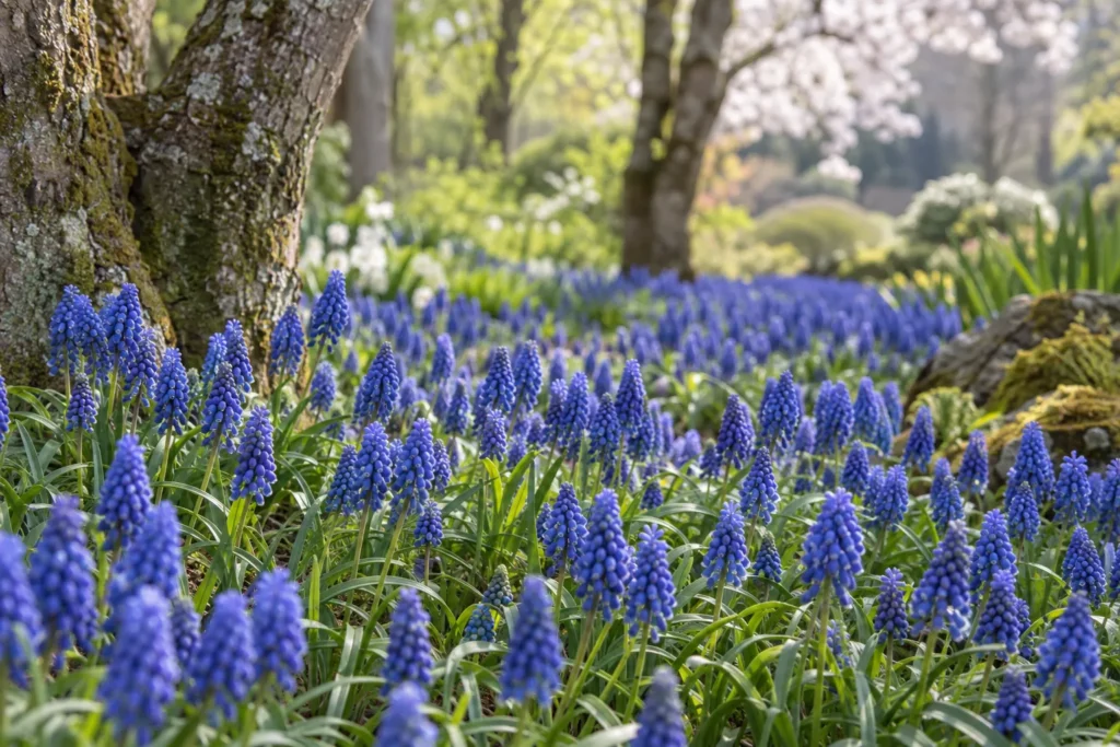 Tapis de muscaris bleu cobalt sous des arbres au printemps