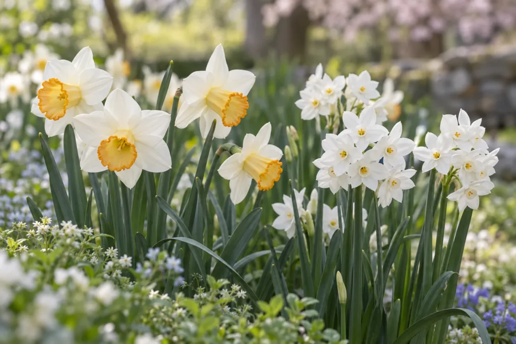 Narcisses blancs à petite couronne jaune orangé dans un jardin au printemps