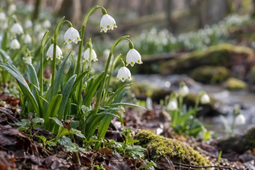 Nivéoles de printemps aux clochettes blanches ponctuées de vert en sous-bois humide