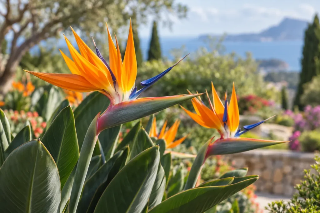 Fleurs d’oiseau de paradis (strelitzia) orange et bleu dans un jardin ensoleillé