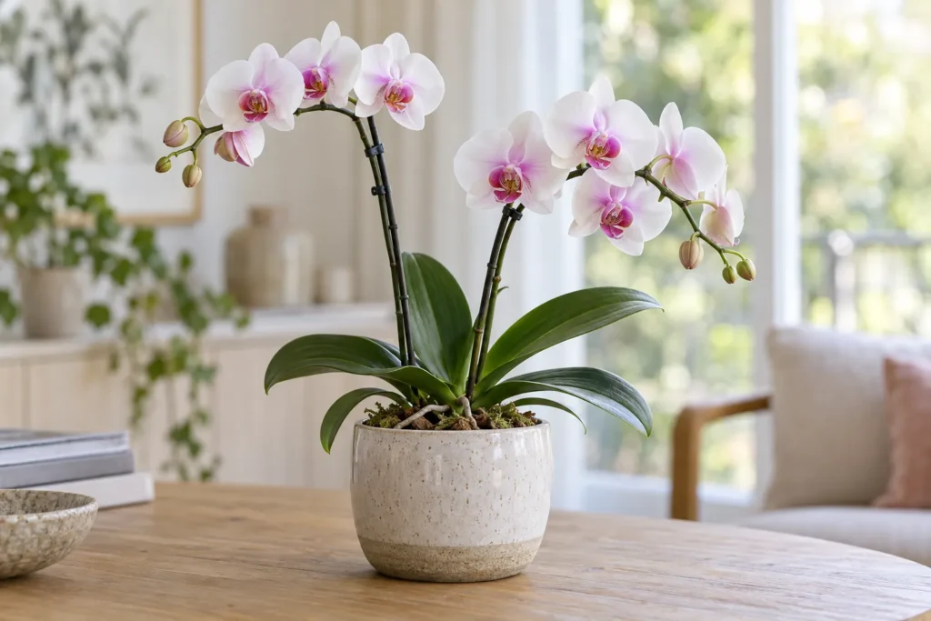 Orchidée phalaenopsis blanche et rose dans un pot en céramique sur une table