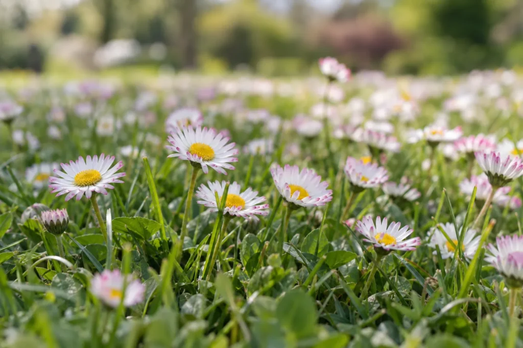 Pâquerettes blanches au cœur jaune dans une pelouse au printemps