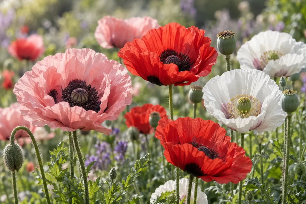 Pavots roses, écarlates et blancs aux pétales soyeux, avec quelques capsules