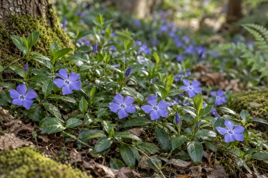 Petite pervenche aux fleurs bleu violet tapissant un sous-bois ombragé