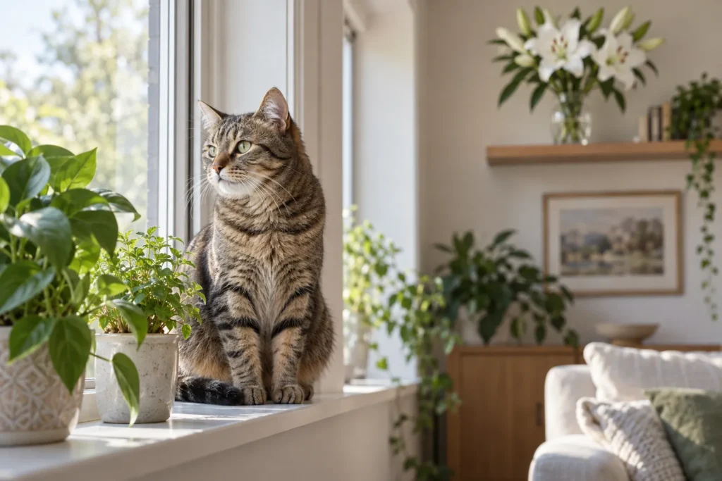 Chat tigré assis sur un rebord de fenêtre près de plantes, un vase de lys placé hors de sa portée