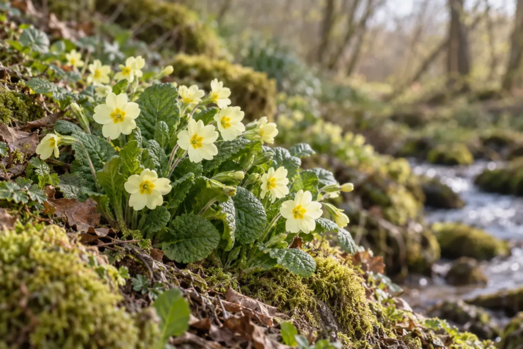 Primevères jaune pâle sur un talus moussu en sous-bois au début du printemps