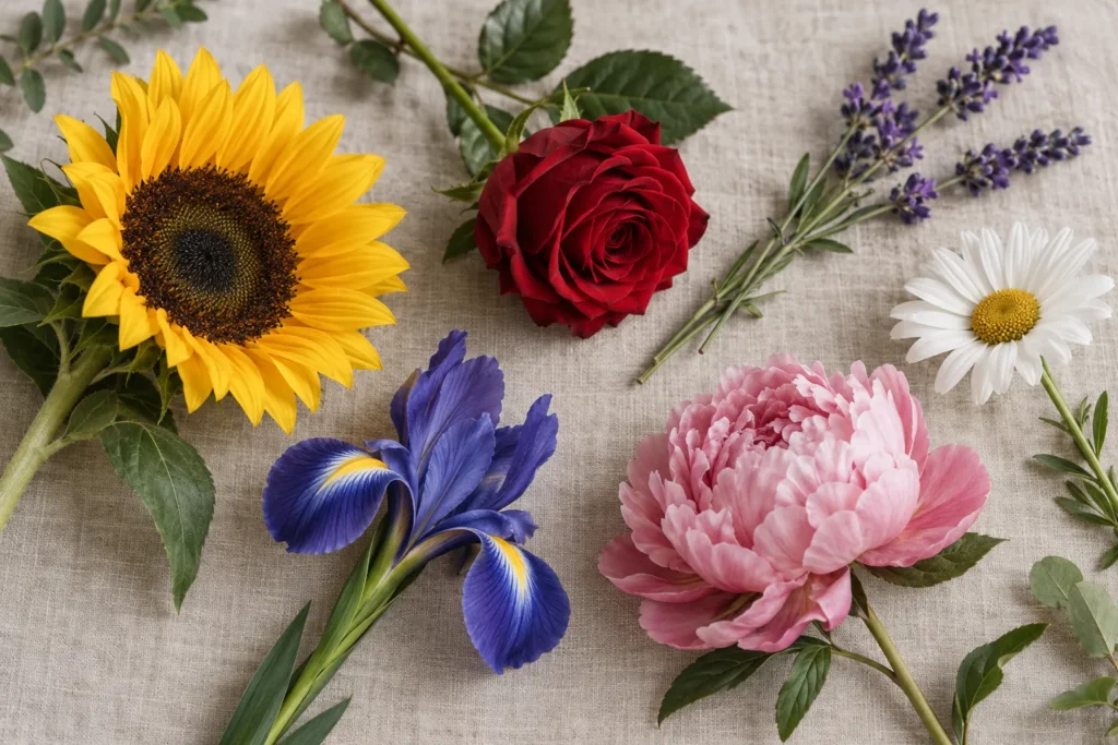 Tournesol, rose rouge, lavande, marguerite, iris et pivoine posés sur une nappe en lin