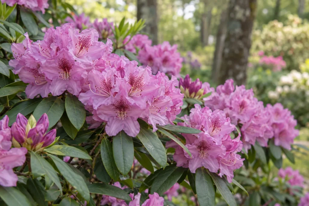 Grosses grappes de fleurs de rhododendron rose mauve dans un jardin de sous-bois en mai