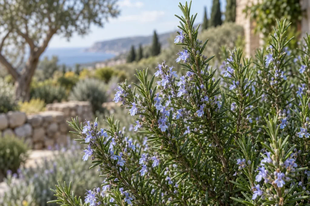 Romarin en fleur aux petites fleurs bleu pâle dans un jardin méditerranéen