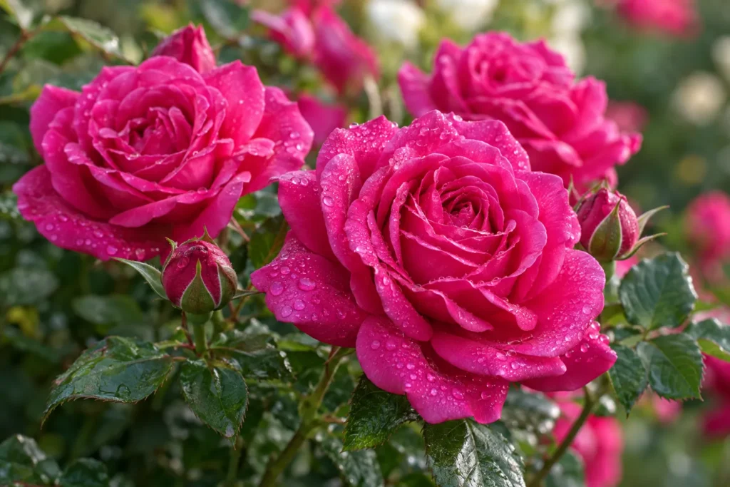 Roses fuchsia épanouies perlées de rosée parmi des feuilles vert foncé