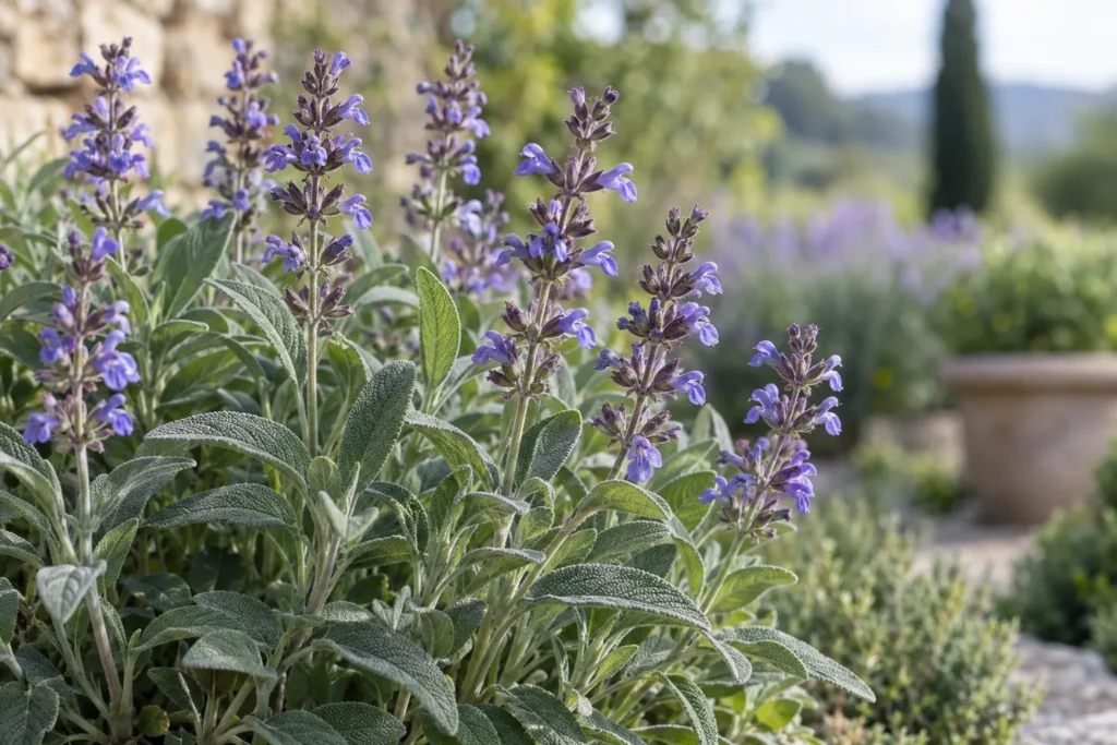 Sauge officinale en fleur aux épis bleu violet au-dessus de feuilles gris-vert