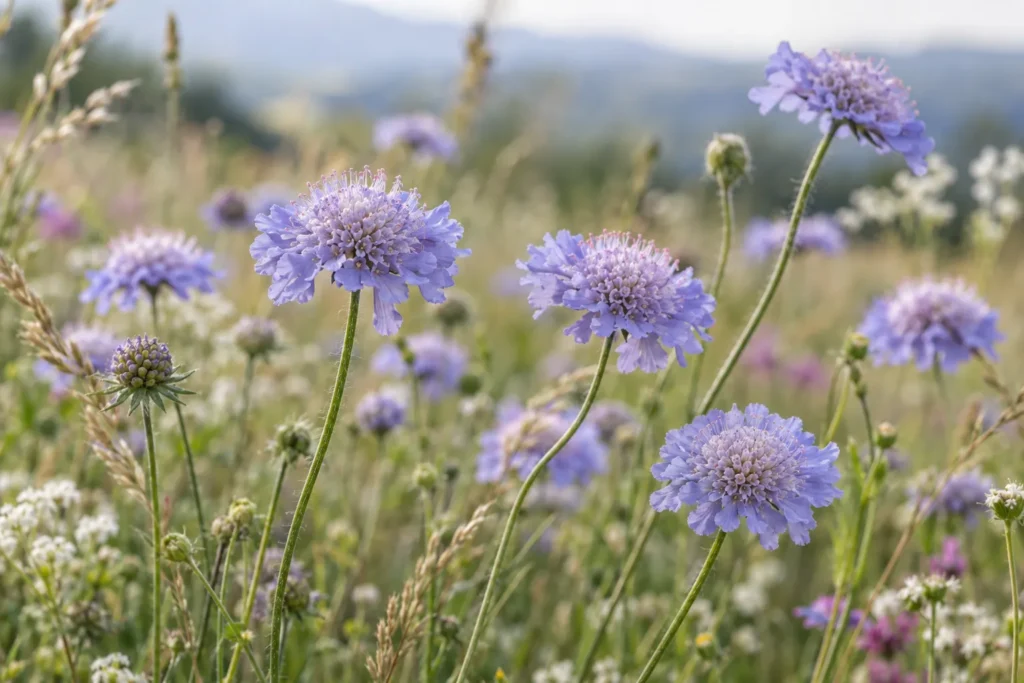 Scabieuses bleu lavande sur tiges fines dans une prairie de fleurs sauvages