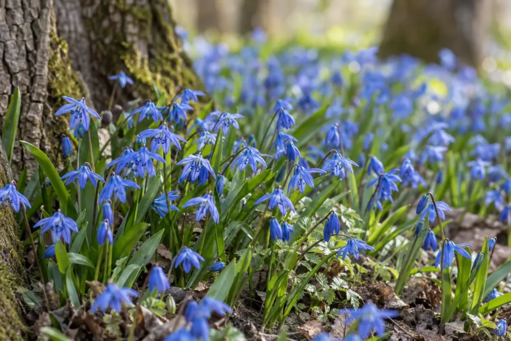 Tapis de scilles bleu profond sous les arbres au début du printemps