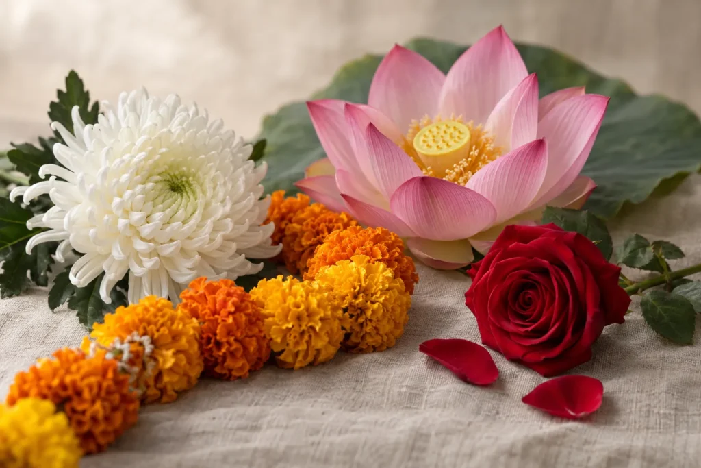 Chrysanthème, guirlande d’œillets d’Inde, lotus et rose rouge sur un fond de lin