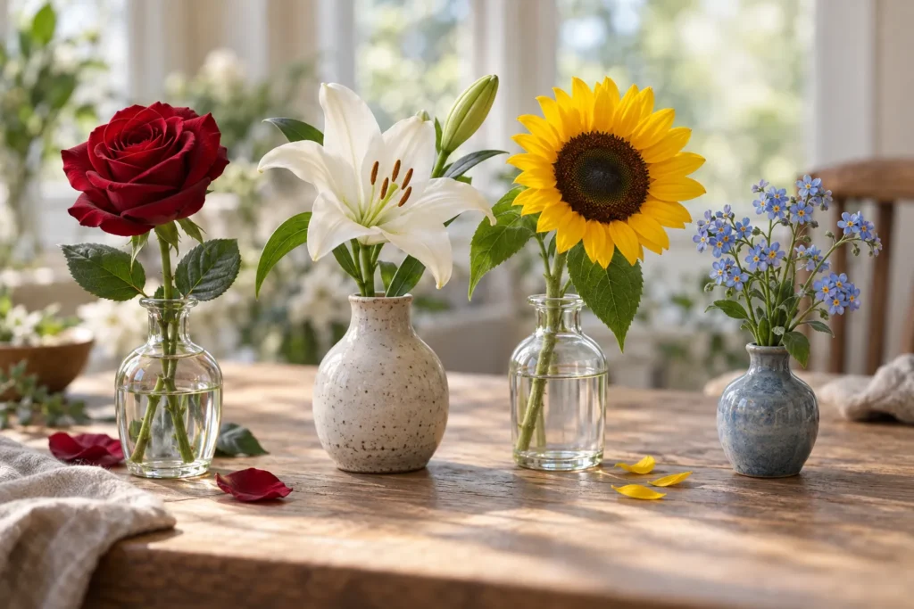 Rose rouge, lys blanc, tournesol et myosotis dans de petits vases séparés