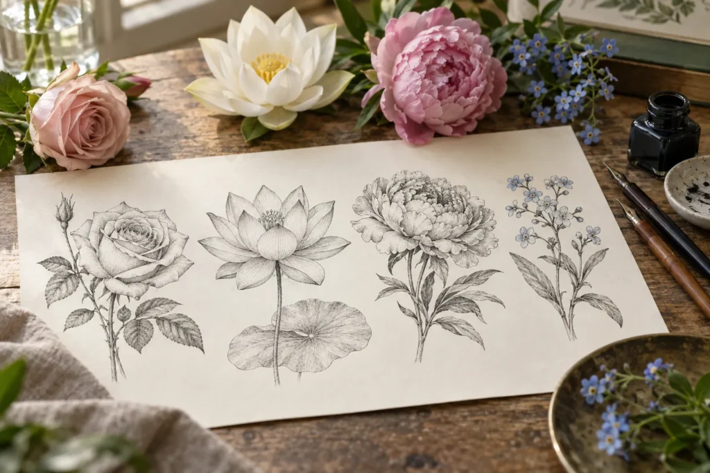 Dessins à l’encre fine d’une rose, d’un lotus, d’une pivoine et d’un myosotis sur papier crème