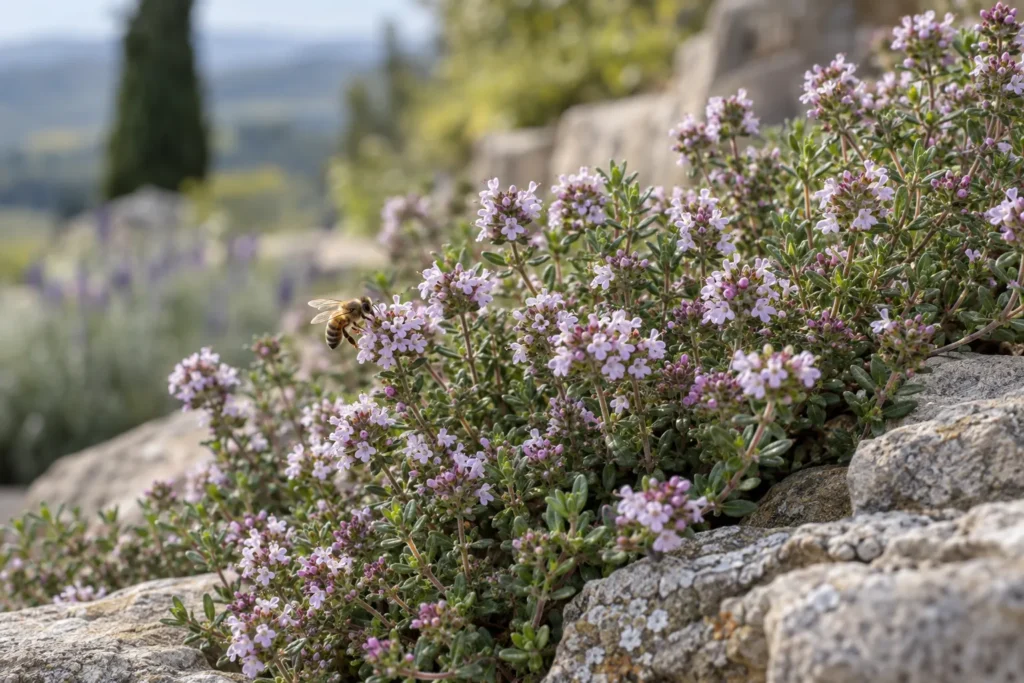 Thym en fleur aux petites fleurs rose lilas en bordure de rocaille, butiné par une abeille
