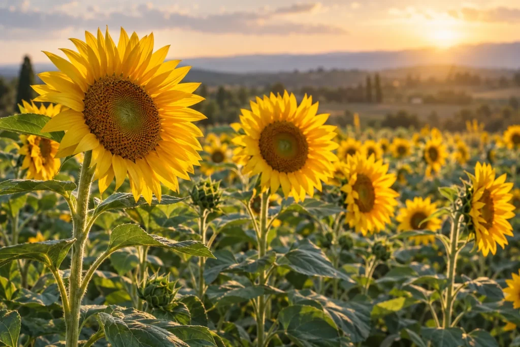 Champ de grands tournesols tournés vers le soleil en fin d’après-midi