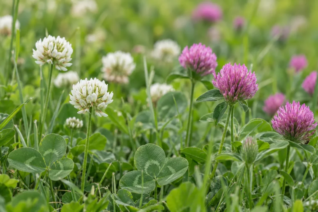 Fleurs de trèfle blanc et de trèfle rouge dans une pelouse