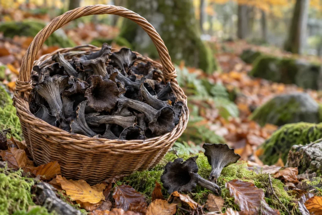 Trompettes de la mort fraîchement cueillies dans un panier en osier posé sur la mousse