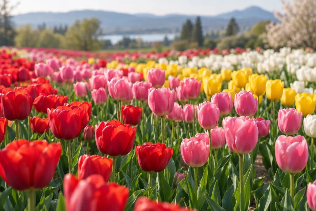Champ de tulipes rouges, roses, jaunes et blanches au printemps