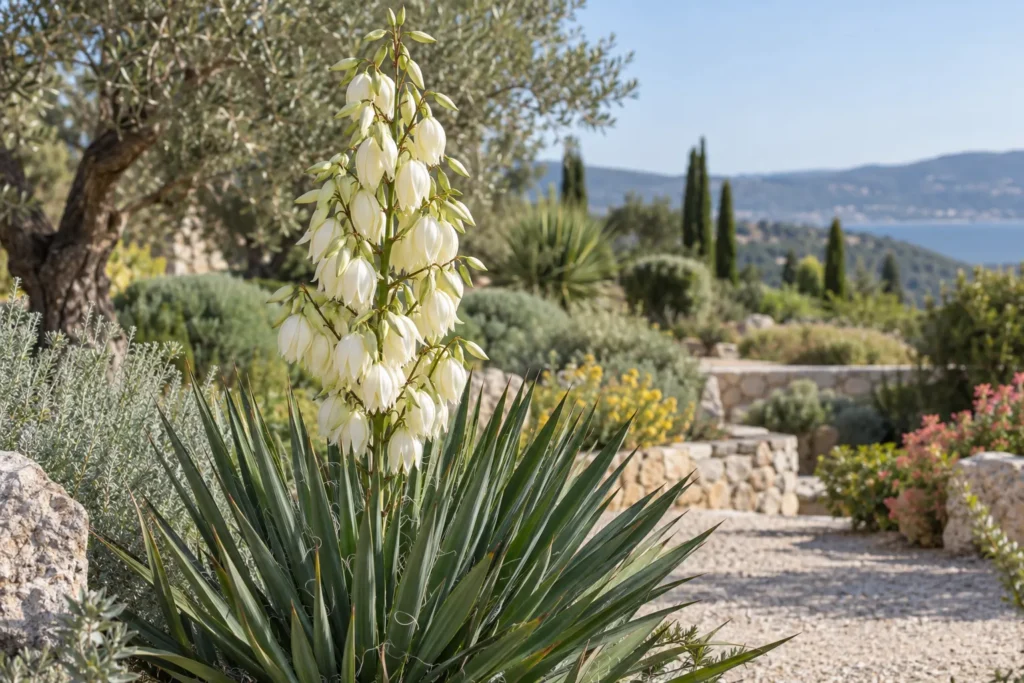 Yucca en fleur avec une haute hampe de clochettes blanches dans un jardin méditerranéen